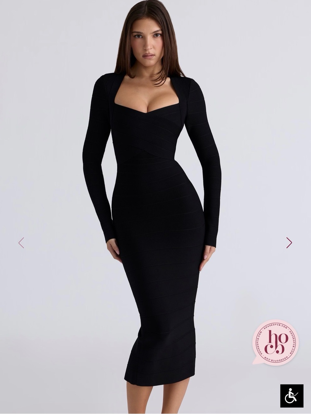 House of CB Black Long Sleeve Square Neck Midi Dress